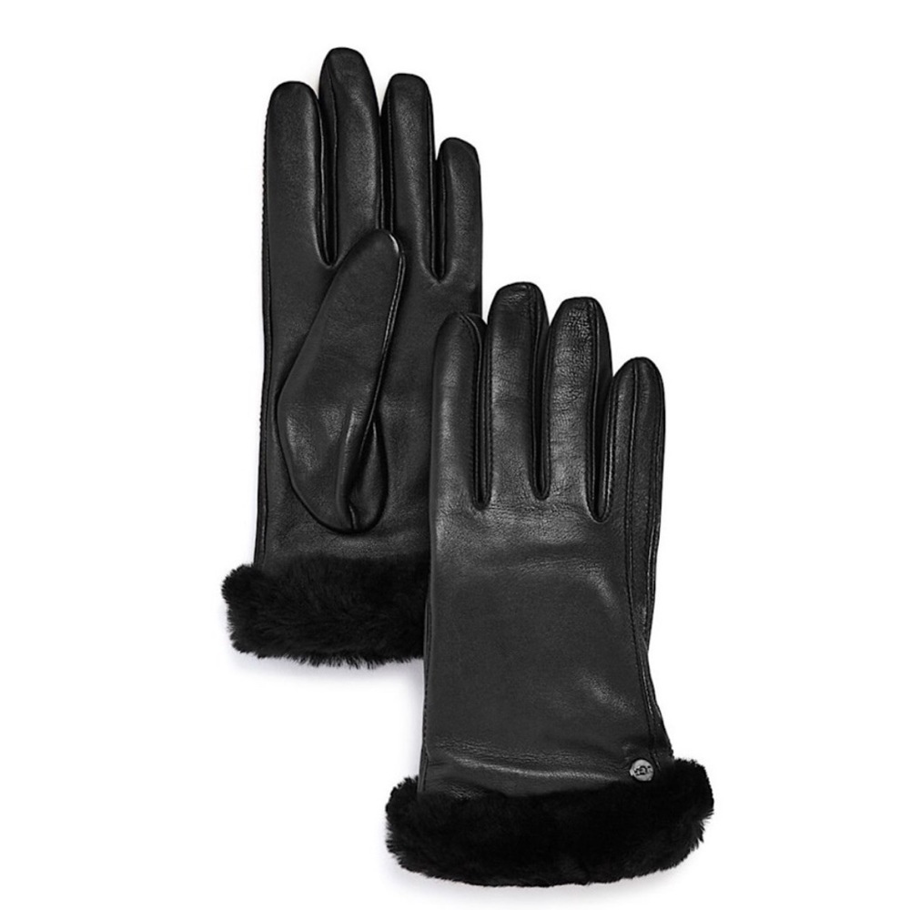 UGG Classic Leather Shorty Black Gloves Shearling Trim Sz Small New w Tags